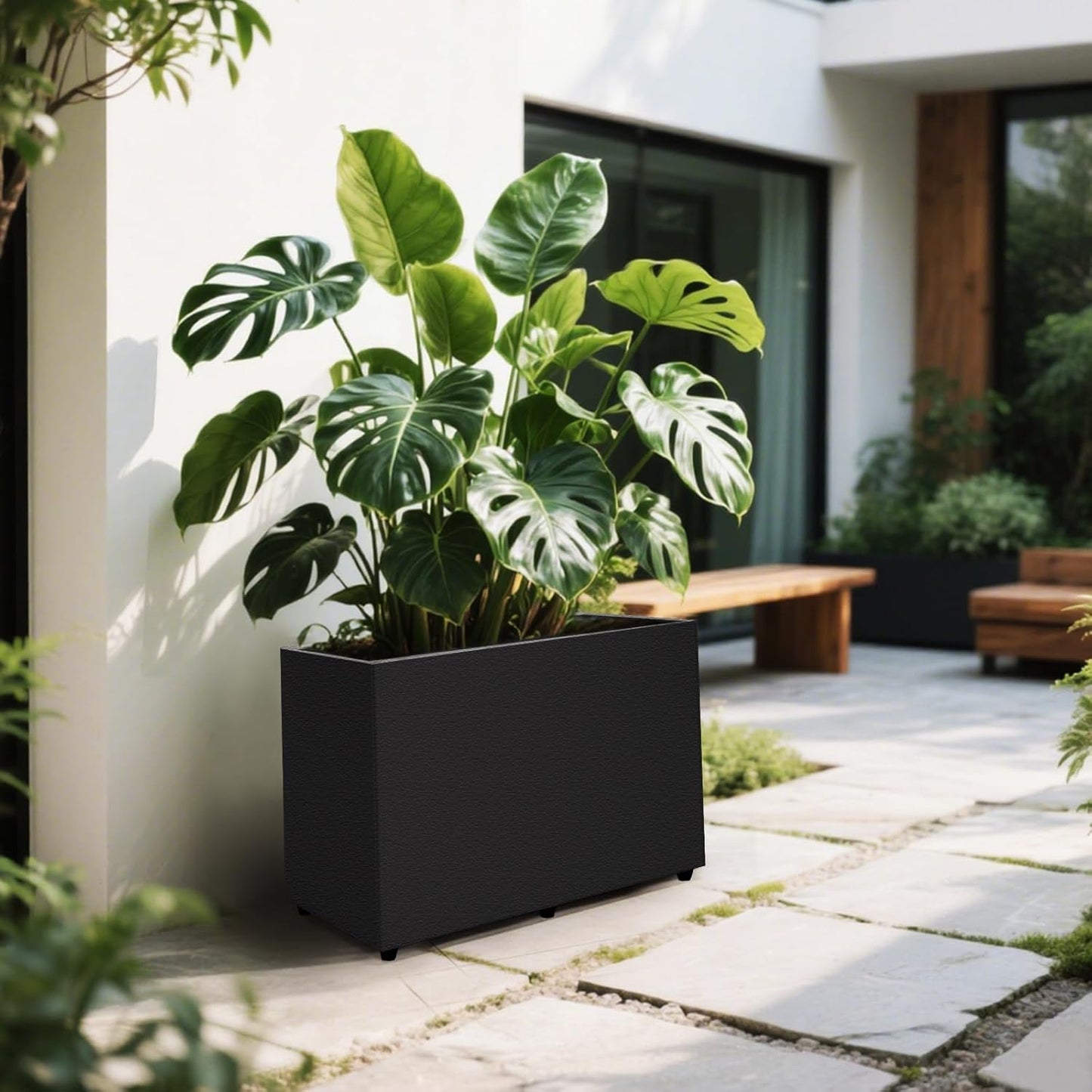 Planter Box Rectangular Block - 24×16×12IN Galvanized Steel Metal Long Box Planter Easy Installation Modern Outdoor Tall Planters All-Weather Use with Drainage Holes for Patio/Porch(Black)