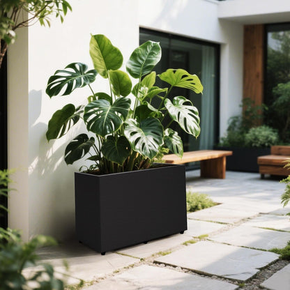 Planter Box Rectangular Block - 24×16×12IN Galvanized Steel Metal Long Box Planter Easy Installation Modern Outdoor Tall Planters All-Weather Use with Drainage Holes for Patio/Porch(Black)