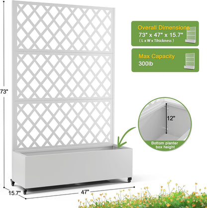 FENCY Metal Planter Box with Diamond Lattice Trellis Planter Box for Climbing Plants/Vines, Galvanized Raised Garden Bed On Wheels, Garden Bed with Trellis(73"x47" White)