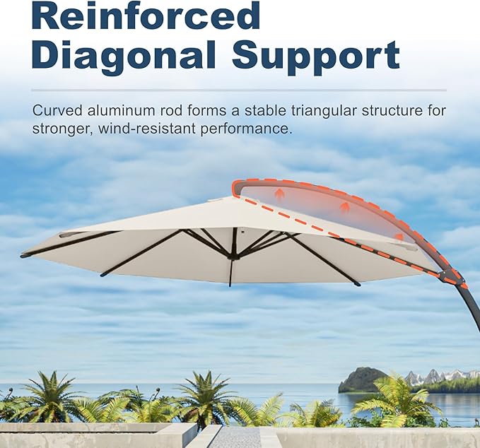 12FT Cantilever Umbrella with Base Large Curvy Outdoor Aluminum Offset Umbrella w/ 360° Rotation, UV Resistant Canopy for Patio, Garden, Backyard, Creamy White