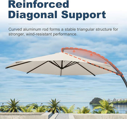 12FT Cantilever Umbrella with Base Large Curvy Outdoor Aluminum Offset Umbrella w/ 360° Rotation, UV Resistant Canopy for Patio, Garden, Backyard, Creamy White