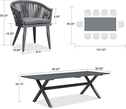 PURPLE LEAF 11 Pieces Outdoor Dining Set with Patio Aluminium Dining Table and Wicker Rattan Chairs Modern Furniture Cushions Sets for Backyard Indoor Decor Kitchen Grey