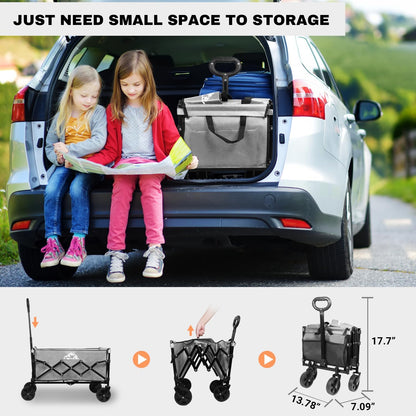 Collapsible Wagon 352LBS Capacity, Foldable Large Carts, Heavy Duty Outdoor Folding Cart with All-Terrain Wheels, Utility Garden Beach Wagon with Storage Bag Green