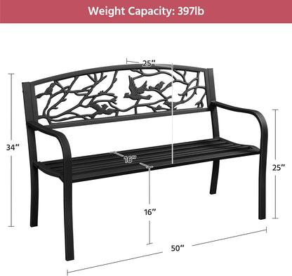 Yaheetech Outdoor Garden Bench Patio Furniture Chair Outdoor with Vintage Bird Pattern Backrest, Slatted Seat, Antique Metal Bench for Yard & Porch & Park, Black