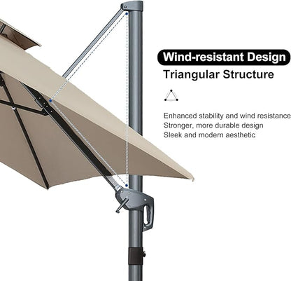 PURPLE LEAF 10 FT Cantilever Patio Umbrella Outdoor Umbrella with 220lbs Base Large Square Windproof Offset Umbrella for Pool Deck Garden, Sand Dune
