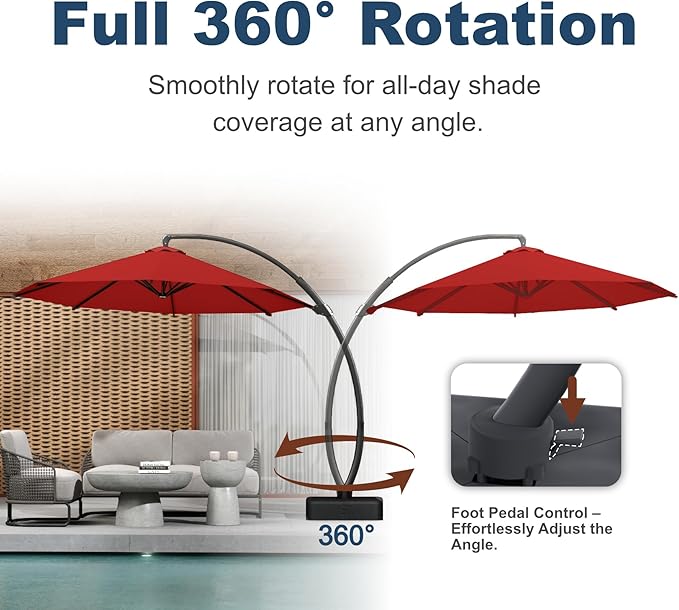 12FT Cantilever Umbrella with Base Large Curvy Outdoor Aluminum Offset Umbrella w/ 360° Rotation, UV Resistant Canopy for Patio, Garden, Backyard, Red