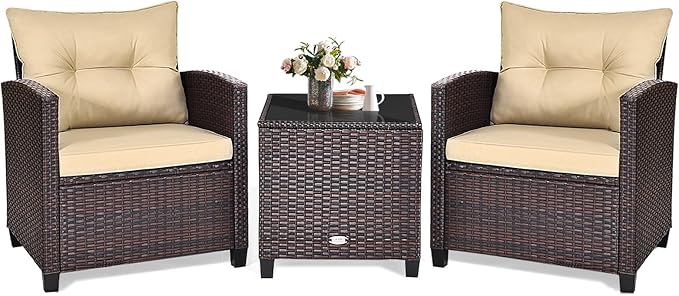 KOTEK 3 Piece Patio Furniture Set, Outdoor Conversation Set with Washable Cushions & Tempered Glass Tabletop, PE Rattan Wicker Bistro Set for Porch, Garden, Balcony (Beige)