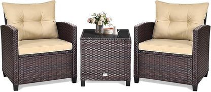 KOTEK 3 Piece Patio Furniture Set, Outdoor Conversation Set with Washable Cushions & Tempered Glass Tabletop, PE Rattan Wicker Bistro Set for Porch, Garden, Balcony (Beige)