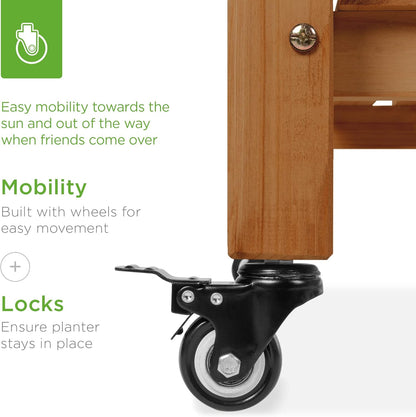 Best Choice Products Raised Garden Bed 48x24x32-inch Mobile Elevated Wood Planter w/Lockable Wheels, Storage Shelf, Protective Liner - Acorn Brown