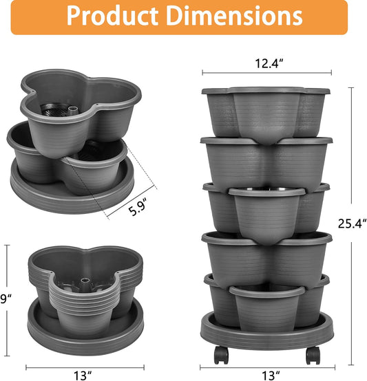 VECELO 5 Tier Vertical Garden Planter, Self Watering Stackable Planters with Wheels for Strawberries, Herbs, Flowers, Vegetables, Dark Gray