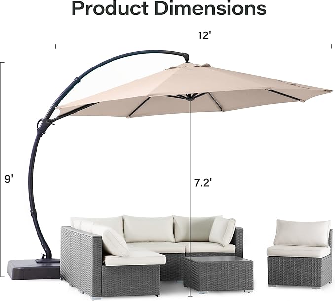 LAUSAINT HOME Outdoor Patio Umbrella with Base included, 12 FT Deluxe Curvy Cantilever Umbrella Heavy Duty Offset Hanging Umbrella with 360° Rotation for Market, Pool, Garden, Backyard, Deck (Beige)