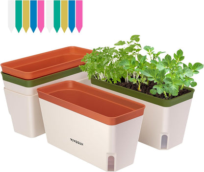 VIVOSUN Self-Watering Planters, 4-Pack 10.5 Inch Compact Rectangular Window Herb Planter Box with 10 PCS Plant Labels, Plant Container for Basil, Flowers, Succulents, Indoor & Outdoor