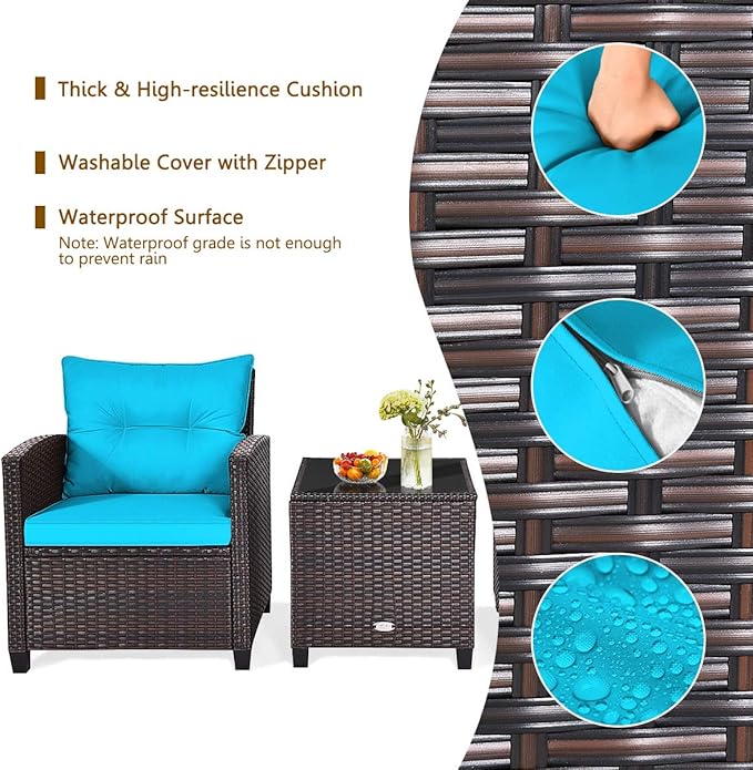 RELAX4LIFE 3 Piece Patio Furniture Set, Wicker Bistro Conversation Set w/ 2 Cushioned Armchairs & Glass Topped Table, Outdoor Rattan Sofa for Porch Balcony Poolside (Turquoise)