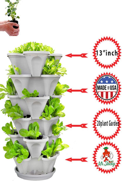 Mr. Stacky© 5-Tier 13 inch Wide - (Stone Color) Strawberry and Herb Garden Planter - Stackable Gardening Pots with 10 Inch Saucer