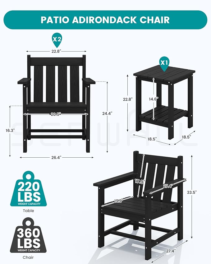 SERWALL 3 Pieces Patio Bistro Set, All Weather Adirondack Chair Set with Side Table, HDPE Material Outdoor Patio Furniture Set for Balcony, Porch, Garden, Backyard- Black