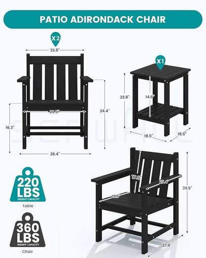 SERWALL 3 Pieces Patio Bistro Set, All Weather Adirondack Chair Set with Side Table, HDPE Material Outdoor Patio Furniture Set for Balcony, Porch, Garden, Backyard- Black