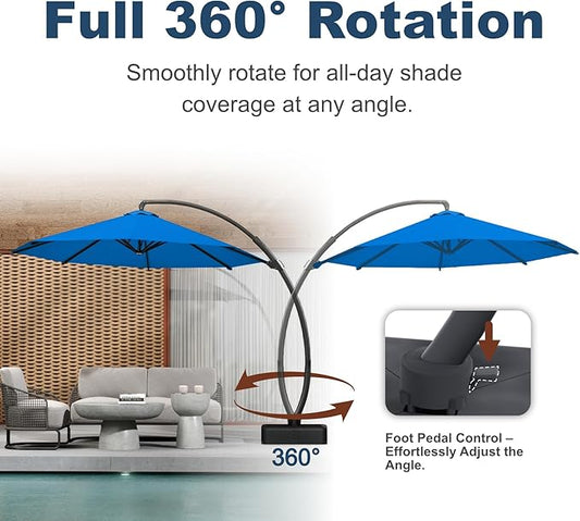 12FT Cantilever Umbrella with Base Large Curvy Outdoor Aluminum Offset Umbrella w/ 360° Rotation, UV Resistant Canopy for Patio, Garden, Backyard, Royal Blue