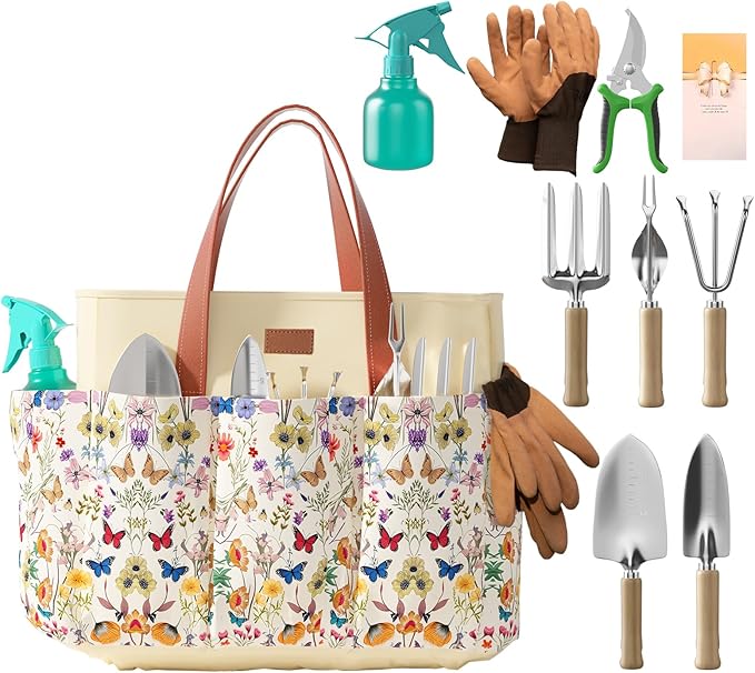 VerdantVibes 9-Piece Garden Tool Set - Heavy Duty Gardening Hand Tools with Ergonomic Non-Slip Grips, Rust-Resistant Shovel, Trowel, Rake, Pruner & Storage Bag - Ideal Gardening Gifts for Women