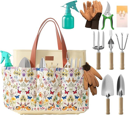 VerdantVibes 9-Piece Garden Tool Set - Heavy Duty Gardening Hand Tools with Ergonomic Non-Slip Grips, Rust-Resistant Shovel, Trowel, Rake, Pruner & Storage Bag - Ideal Gardening Gifts for Women