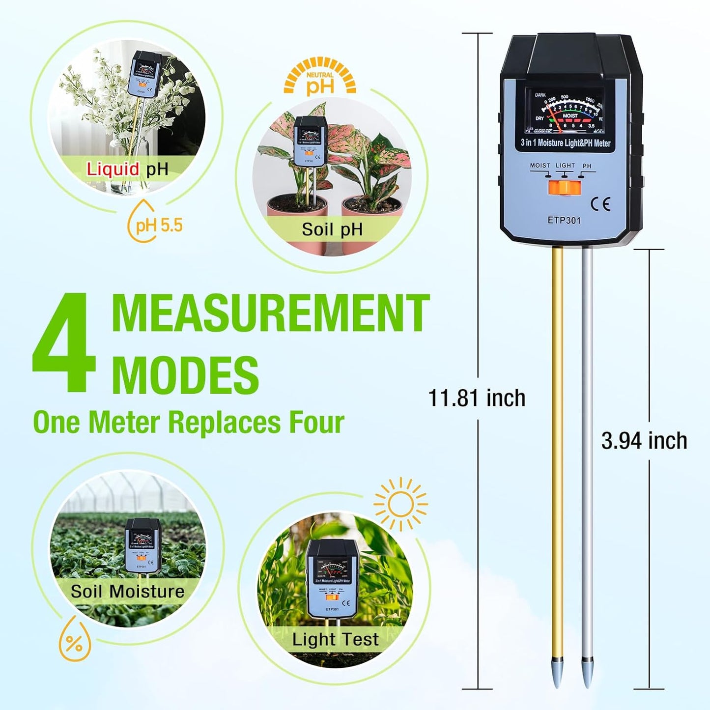ALLOSUN Soil Moisture Meter for Plants, 4 in 1 Soil pH Tester/pH Meter for Water/Light Meter for Plants, Indoor, Garden, Farm, Lawn, No Battery Required