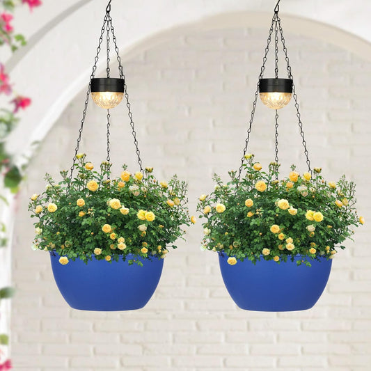 2 Packs Hanging Planters Basket for Outdoor Plants, Solar Powered Self Watering Blue Round Plastic Flower Pots with Drainer for Balcony Patio Garden Outdoor Decoration