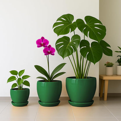 Deep Dream 8 Inch Plant Pots- Ceramic Pots for Plants with Drainage Hole and Saucer, Large Planter Pot for Indoor Plants Outdoor Decor, Green