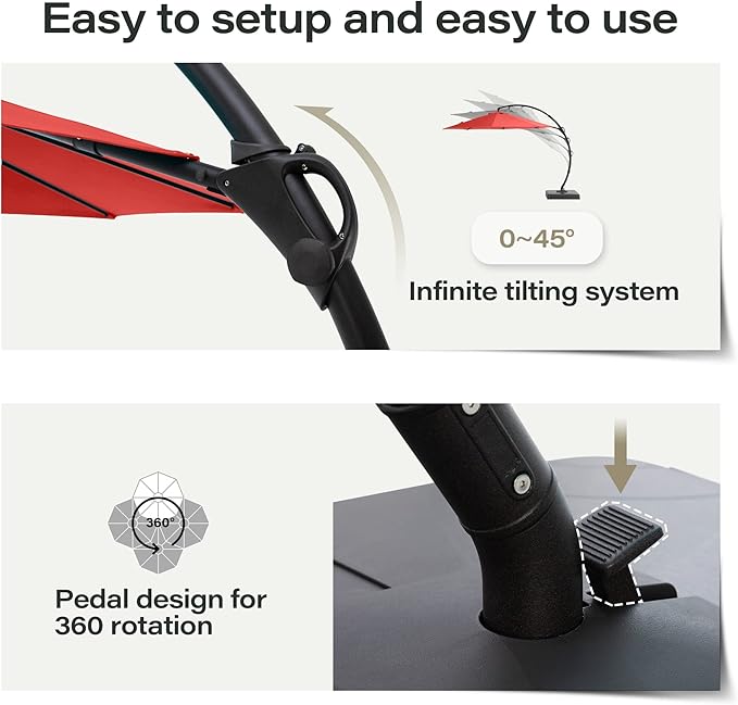 LAUSAINT HOME Outdoor Patio Umbrella with Base included, 12 FT Deluxe Curvy Cantilever Umbrella Heavy Duty Offset Hanging Umbrella with 360° Rotation for Market, Pool, Garden, Backyard, Deck (Red)