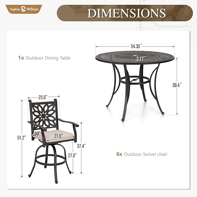 Sophia & William 7 Pieces Cast Aluminium Patio Bar Set for 6, Round Outdoor Bar Height Table and Swivel Bar Stools, Patio High Top Pub Set with Bar Counter Height Chairs and 2.2" Umbrella Hole