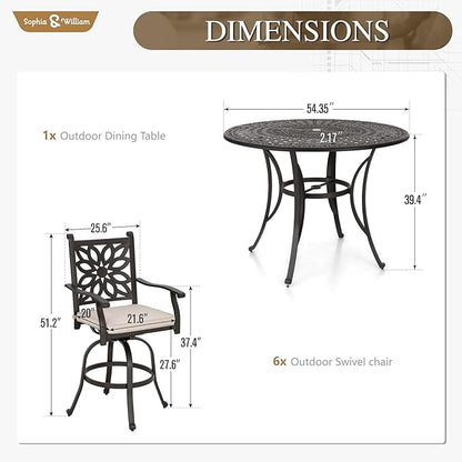 Sophia & William 7 Pieces Cast Aluminium Patio Bar Set for 6, Round Outdoor Bar Height Table and Swivel Bar Stools, Patio High Top Pub Set with Bar Counter Height Chairs and 2.2" Umbrella Hole