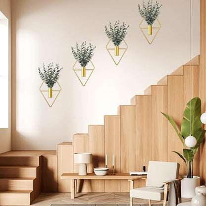 Jexine Hanging Planters with Artificial Eucalyptus Metal Hanging Vase Indoor Plants Holder Modern Geometric Boho Bathroom Wall Decor for Living Room Home Office(Gold,8 Pcs)