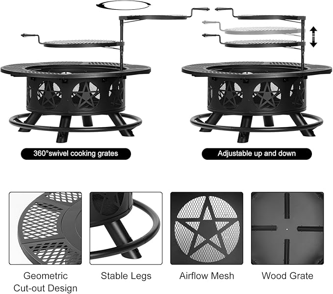 36 Inch Fire Pit with 2 Grills, Wood Burning Fire Pits for Outside with Lid & Poker, BBQ& Outdoor Firepit & Round Metal Table 3 in 1 for Patio, Picnic, Party
