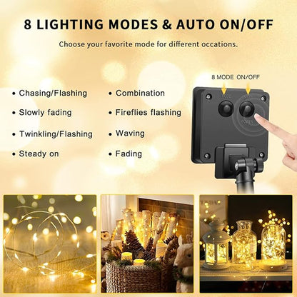 JMEXSUSS 4 Pack 100 LED Solar Fairy Lights, 33ft Warm White Solar String Lights Outdoor Waterproof, 8 Modes Copper Wire Solar Twinkle Lights for Garden Yard Tree Wedding