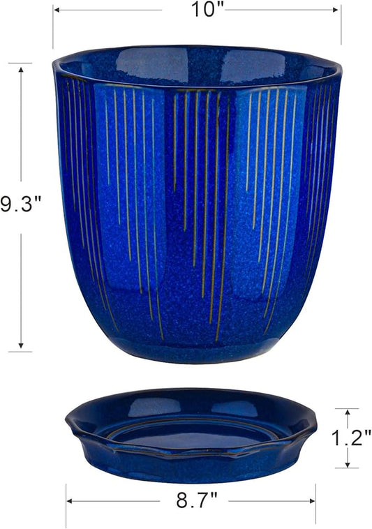 ADN 10 Inch Ceramic Planter Pot with Drainage Hole and Saucer,Large Round Plant pots for Indoor Outdoor Plants,Modern Flower pots, Navy