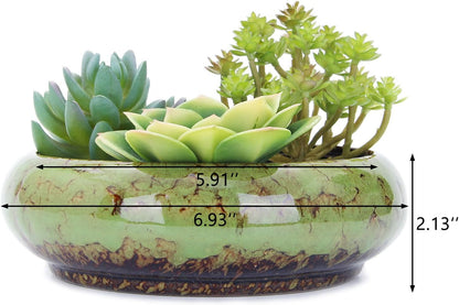 VanEnjoy 7.3 inch Round Large Shallow Succulent Ceramic Glazed Planter Pots with Drainage Hole, Bonsai Pots Garden Decorative Cactus Stand Flower Container (green)