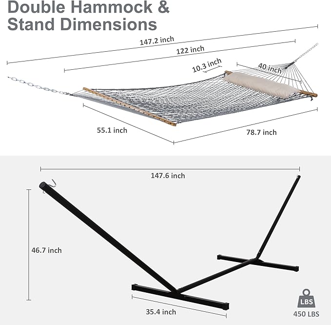 SUNCREAT Rope Hammock with Stand Included, Portable Double Hammock with Soft Pillow, Gray