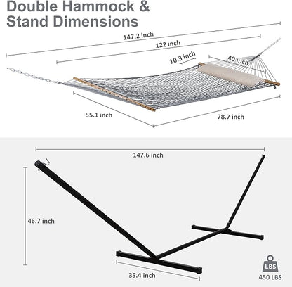 SUNCREAT Rope Hammock with Stand Included, Portable Double Hammock with Soft Pillow, Gray