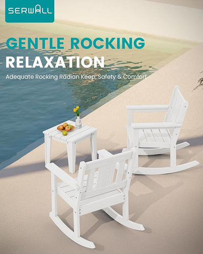 SERWALL 3 Piece Rocking Bistro Set, HDPE Outdoor Patio Table and Chairs, All Weather Outdoor Rocking Set for Backyard,Porch, Poolside, Balcony, and Garden- White