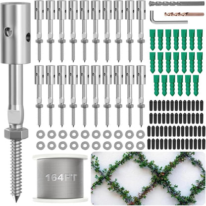 Trellis Wire for Climbing Plants Outdoor, 20 Set Wall Wire Trellis Kit with 1/8" x 164ft Stainless Steel Cable, T316 Espalier System Cable Trellis Kit with Adjustable Spacing Vines Green Wall