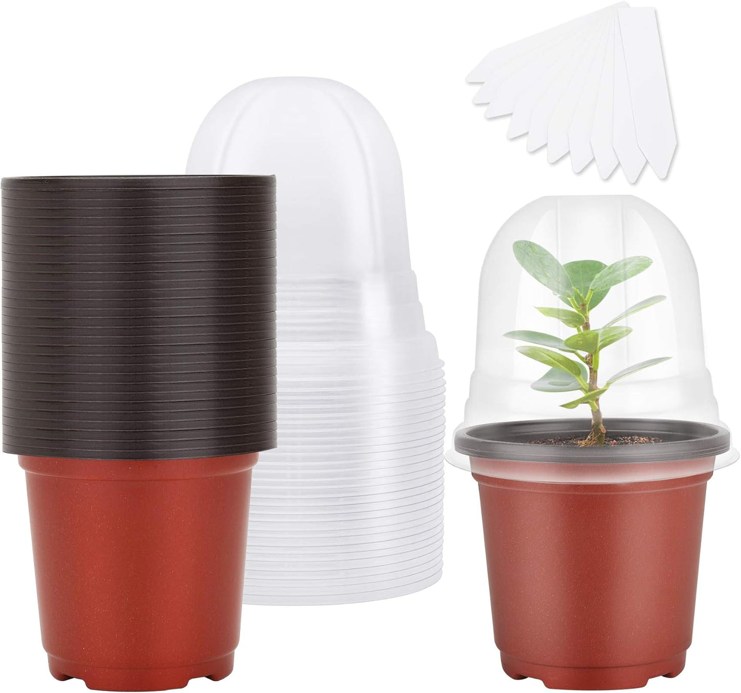MIXC Plant Nursery Pots with Humidity Dome 4" Soft Transparent Plastic Gardening Pot Planting Containers Cups Planter Small Starter Seed Starting Trays for Seedling with 10pcs Plant Labels，30 Sets