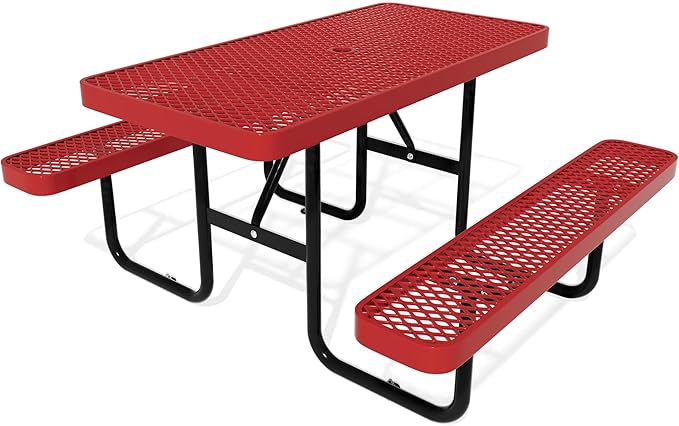48'' Rectangular Metal Picnic Table for Outdoors,Heavy-Duty Portable Commercial Picnic Tables Bench Set with Umbrella Hole,School Canteen Table W/Seats - Patio Dining Furniture for Patio Garden