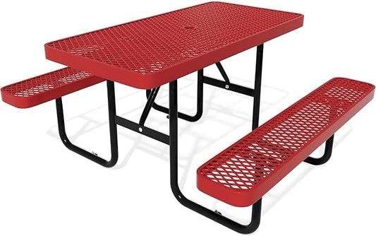 48'' Rectangular Metal Picnic Table for Outdoors,Heavy-Duty Portable Commercial Picnic Tables Bench Set with Umbrella Hole,School Canteen Table W/Seats - Patio Dining Furniture for Patio Garden