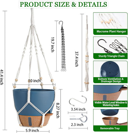 Hanging Planter Self Watering 10 Inch, 2 Pack Hanging Baskets for Plants, Hanging Flower Pots with Drainage Hole & 2 Kinds of Plant Hangers for Garden Home Decor (Navy Blue, 10 Inch)