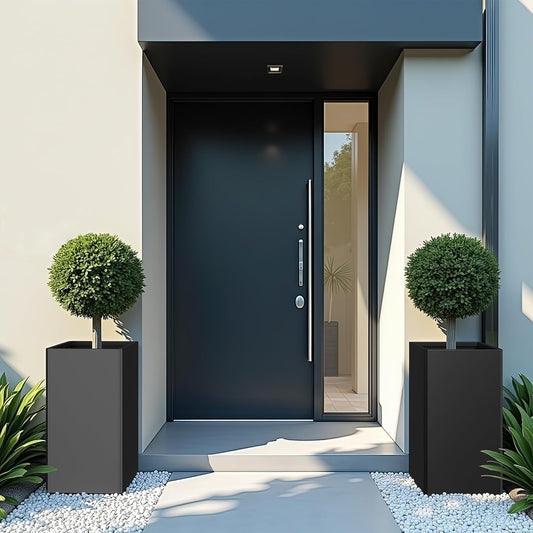24" Tall Planter for Outdoor Plants, Modern Large Outdoor Galvanized Steel Flower Pots, Front Porch Decor, Garden Pots, Black Planters for Indoor/Outdoor, Patio, Balcony