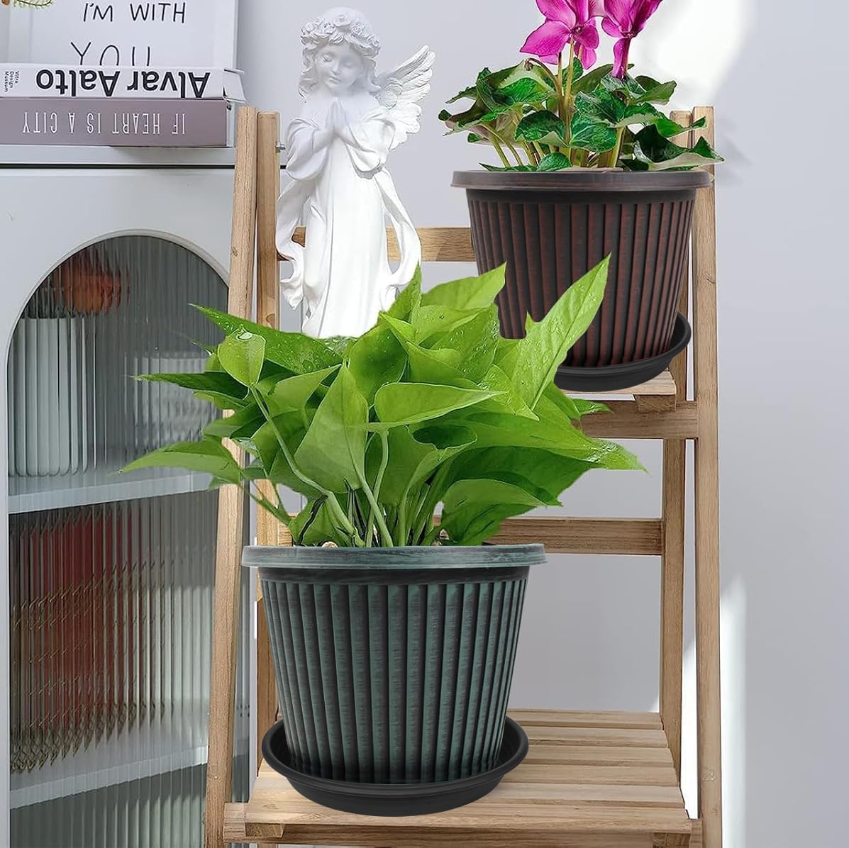 6 Pack Plant Saucers for Indoors, 4 5 6 7 8 9 10 11 12 13 15 17 19 inch Plant Water Catcher Tray, Heavy Sturdy Plant Drainage Tray for Indoors, Flower Saucers for Nursery Pots (5", Black)