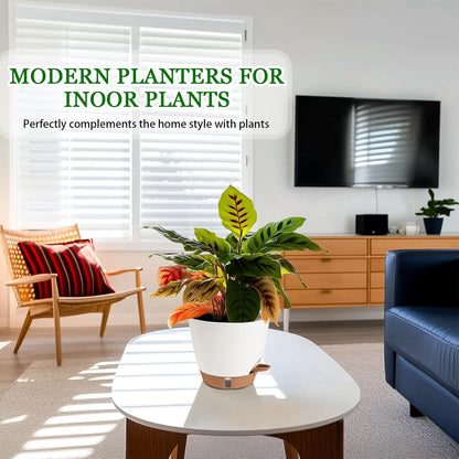 2 Pack 8 Inch Pots for Plants Indoor, Plastic Self Watering Planters with Drainage Holes, Water Level Indicator & Deep Reservoir, Decorative Flower Pots Indoor Outdoor Use (White