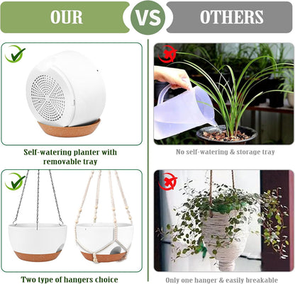 Hanging Planters for Outdoor Indoor Plants, 2 Pack 12 Inch Hanging Basket Plants Outdoor, Self Watering Hanging Planter with Plant Hanger for Garden Home Decoration (White)