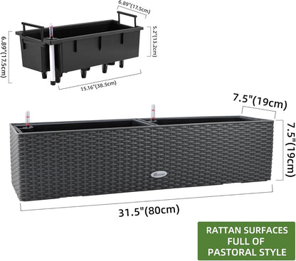 Dexceder 31.5 Inch Rattan Self Watering Planter Indoor Outdoor, Thickened Large Rail Flower Plant Pot Window Box with Water Level Indicators (Deep Gray)