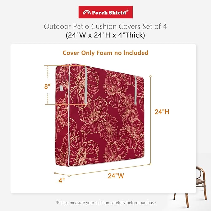 Porch Shield Outdoor Cushion Slipcovers Patio Chair Seat Cushion Covers Set 4 Waterproof Fade Resistant 24 x 24 x 4 inch,Summer Blooming