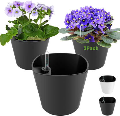 Self Watering Planters for Indoor Outdoor Plants 7 inch Flower Pot with Water Level Indicator Grey 3 Pack African Violet Self Watering Pots for All Orchid agave etc. House Plant Plastic Planter