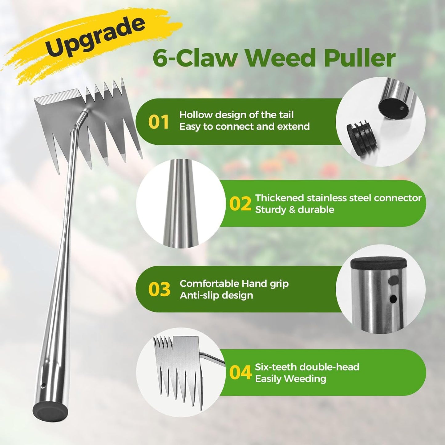 2025 Upgraded Weed Puller Tool,Portable Garden Weed Rake Uprooting Weeding Tool with Handle,6 Tooth Manganese Steel Manual Weeder Remover Tool for Gardening Backyard Farm Planting & Weeding